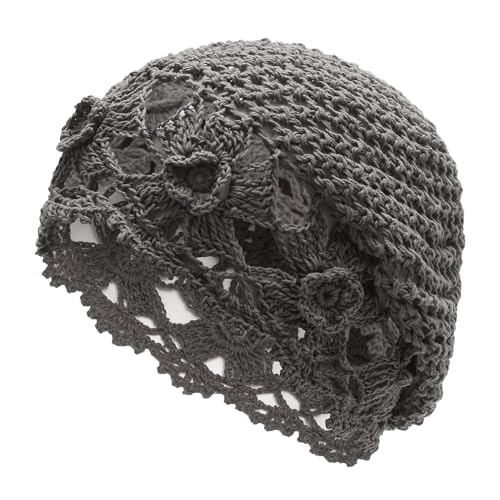 ZLYC Women Cotton Crochet Slouchy Beanie Hat Handmade Knit Summer Skull Cap - color: Flowers Grey