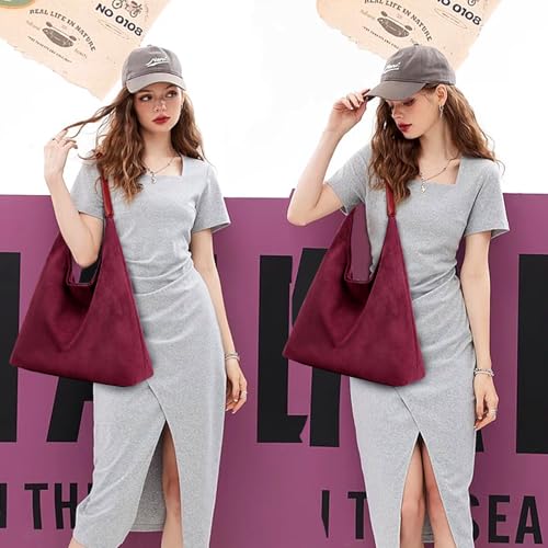 2-Piece Vegan Leather Purse Set for Women: Slouchy Hobo Shoulder Bag & Suede Tote Bag - color: Red