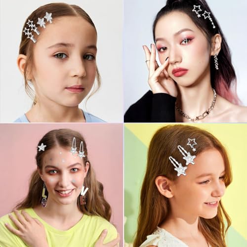Canitor Y2k Star Hair Clips Cute Kawaii Metal Punk Snap Clips Barrettes for Women Teen Girl Silver Goth Emo 2000s Grunge Rave Kpop Fashion Hair Accessories for Concert Outfit (silver 18pcs) - color: silver 18pcs