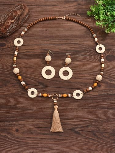 Boho Wooden Beaded Necklace and Earrings Set, Handmade Woven Circle Pendant Jewelry with Tassel, Lightweight Summer Beach Accessories for Women
