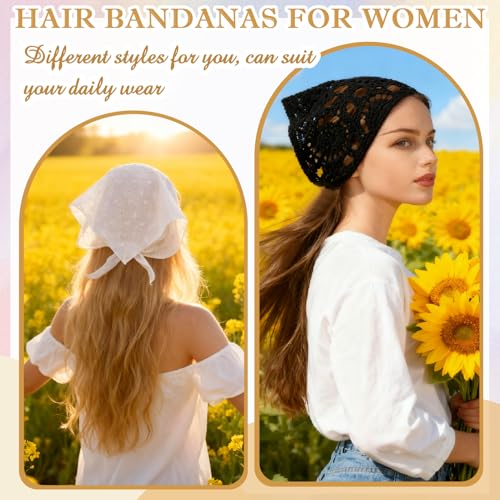 JATEBI 4PCS Women's Floral Lace Mesh Triangle Head Scarves Adjustable Boho Bandanas - color: Black, White and Beige
