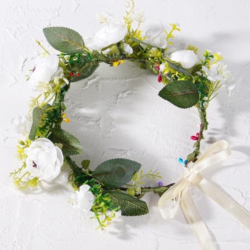 White Flower Crown Headband, Adjustable Bridal Boho Floral Headpiece, Fairy Woodland Forest Flower Headbands for Women Girls Maternity Birthday Wedding Festival Party Hair Accessory - color: Daisy White