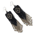 Long Beaded Dangle Earrings – Boho Native Handmade Seed Bead Tassel Bohemian Large Statement Drop Fringes for Women - color: Black/Gray