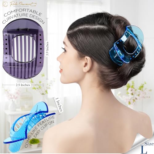 RC ROCHE 6 Pcs Flat Claw Hair Clips for Women Thick Hair French Round Duckbill Square Secure Strong Hold Grip Clamps Barrettes Curved No Slip No Crease Styling Cute Extra Jumbo XL, Large Transparent - color: (Large) Transparent