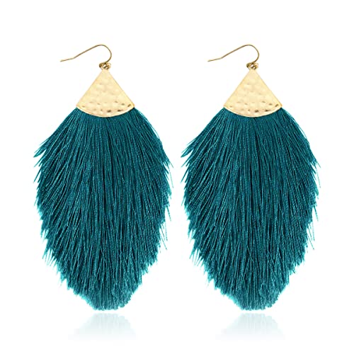 Bohemian Silky Thread Fan Fringe Tassel Statement Earrings - Lightweight Strand Feather Shape Dangles - color: Feather Fringe - Teal Blue