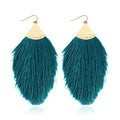Bohemian Silky Thread Fan Fringe Tassel Statement Earrings - Lightweight Strand Feather Shape Dangles - color: Feather Fringe - Teal Blue