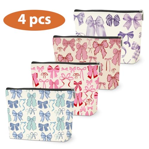 4 PCs Bow Stuff Makeup Bag Coquette Stuff Cosmetic Bag, Bow Gifts for Women Teen Girls Best Friends Daughter Coworkers, Cute Bow Stuff Christmas birthday Gifts Zipper Pouch Toiletry Bag - color: Multicolor 0009