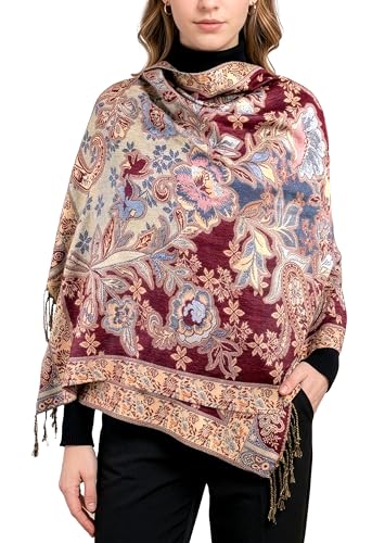 Achillea Elegant Paisley Floral Pashmina Shawl and Wrap – Boho Rave Scarf for Festival, Travel & Everyday Wear - color: Wine Blue