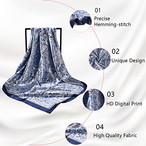 4Pcs Silk Head Scarves for Women Satin Hair Scarf 35”Large Square Bandana Silk Like Neck Scarf Shawl - color: Black/Gray/Orange/Navy