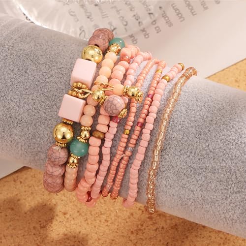 IFKM 8PCS Beaded Bracelets for Women, Multilayered Stackable Strand Stretch Bead Bracelet Pack Handmade Trendy Bohemian Charm Jewelry - color: Pink