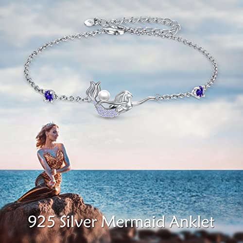 YAFEINI Ankle Bracelets for Women Sterling Silver Mermaid Turtle Ladybug Butterfly Moon Star Pineapple Anklet Link Chain Anklets Jewelry Gifts for Women - style: Purple mermaid anklet