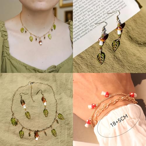3 Pcs Mushroom Jewelry Necklace Set, Funky Earrings Mushroom Earrings for Women, Green Leaf Necklace & Bracelet, Whimsical Jewelry Glass Glaze Mushrooms Gifts Stuff for Holiday