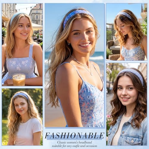obeoby Blue Headbands, Stripe Head Band for Nautical and Preppy Style Outfits, Non Slip Summer Headband for Girls Women Trendy Hair Accessories (5Pcs) - color: Blue series