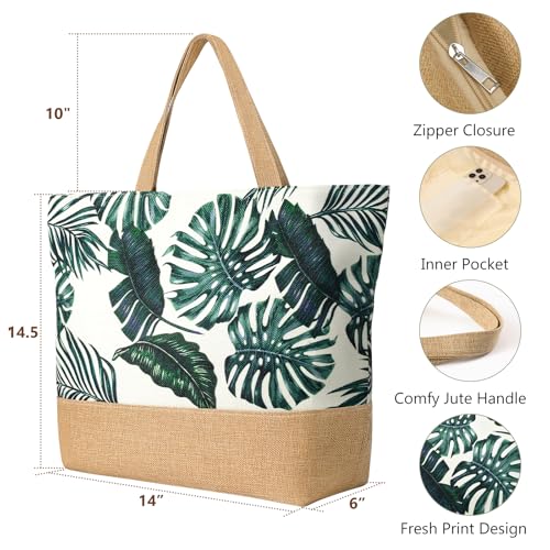 Trifabricy Beach Bag for Women, Large Beach Tote Bags with Zipper, Woven Straw Tote Waterproof, Swim Gym Shopping Travel Bag - color: Navy Leaves