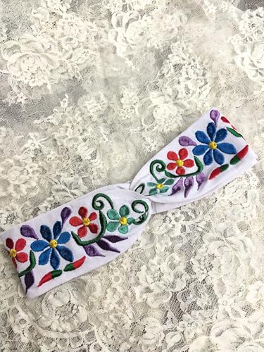 FANFAN Women's Mexican Embroidered Boho Headband - Twist Knotted Criss Cross Elastic Floral Hair Band Adjustable Head Wrap for Wedding, Party & Everyday Use E9 (White, Free Size) - color: White