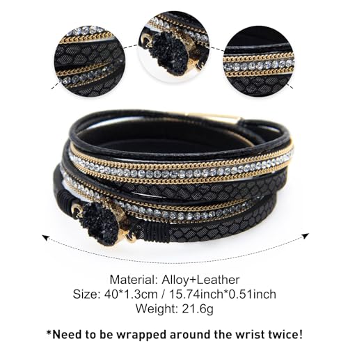 Fesciory Leather Wrap Bracelets for Women, Boho Leopard Multi-Layer Crystal Beads Cuff Bracelet Jewelry - color: Black Stone1