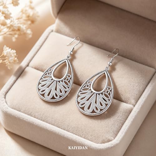 Silver Dangle Earrings For Women Trendy,Boho Cute Drop Western Earings,Vintage Gothic Ethnic Statement Beach Vacation Long Earrings with Leaf Teardrop Turquoise Crystal Tassels,Fashion Jewelry Birthday Gift. - color: A26) Engarved Floral Teardrop