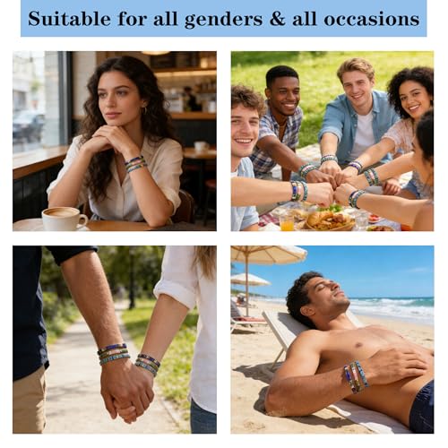 Tila Flat Square Stack Beaded Bracelets Set for Women Men, Boho 3Pcs Romantic Handmade Healing Gold Colorful Stretch Accessories Jewelry, Daily Vacation Party Holiday Friendship Gift - color: Blue Peach