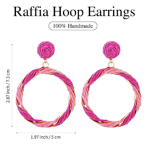 Boho Raffia Hoop Dangle Earrings Twisted - Statement Rattan Round Geometric Earrings For Summer Beach Vacation - color: HOT PINK