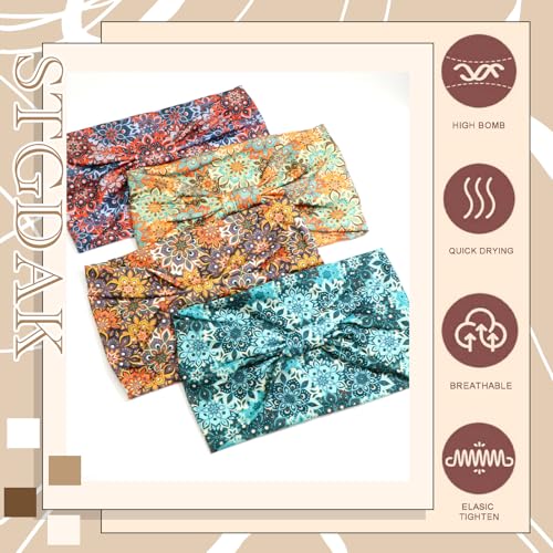 Wide Headbands For Women Boho Head Bands Floral Printed Bandana Hair Band Fashion Head Wraps Bohemian Turban African Scarf Workout Yoga Sweatbands Hair Accessories For Women Girls 4 Pack - color: Style 80
