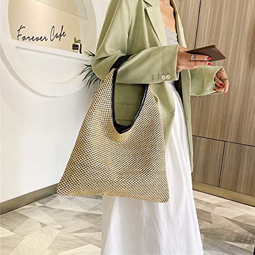 Hand-woven Straw Shoulder Bag Boho Black Leather Top Handle Tote Retro Summer Beach Bag Holiday Travel Handbag - color: Khaki