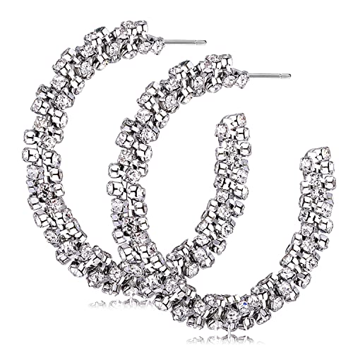 Rhinestone Hoop Earring for Women Sparkly Crystal Wrapped Hoop Dangle Earrings Statement Boho Gold Black Plated CZ Hoop Earring - color: B1: Silver