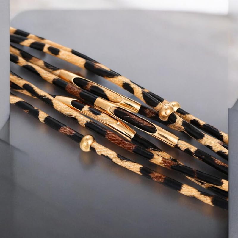 Caiyao Simple Beaded Leather Wrap Bracelets for Women Leopard Print Trendy Layered Stackable Buckle Bohemian Wrist Cuff Bangle Jewelry - color: Brown
