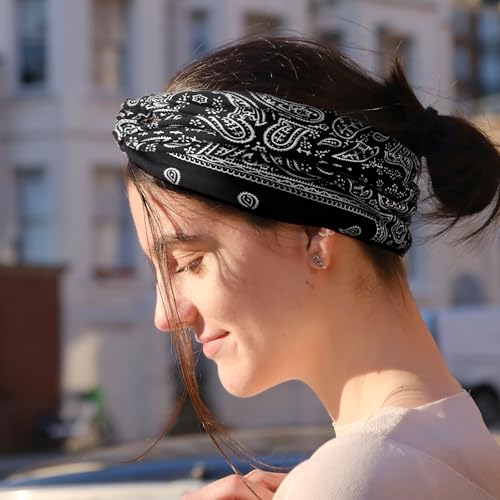 DRESHOW 6 Pack Boho Non-Slip Headbands for Women Girls Yoga Workout Running Knotted Turban Floral Printed Elastic Head Wrap - color: 6 Pack: Cross Printed a