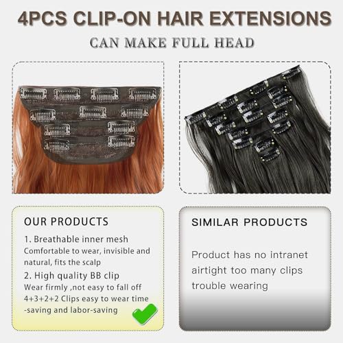 Copper Red Curly Clip In Hair Extensions for Women Synthetic Clip in Long Wavy Extension 20 Inch Double Weft 4PCS Hairpieces Full Head for Women Costume Party Valentine's Day - color: COPPER RED 01