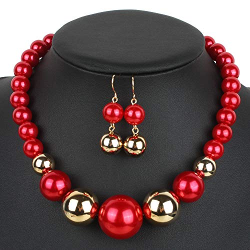 Fuqimanman2020 Chunky Large Simulated Pearl Choker Necklace Drop Dangle Earrings Crystal Bib Big Round Beaded Strand Multicolor Costume Statement Wedding Jewelry Set for Women Brides - color: Red B