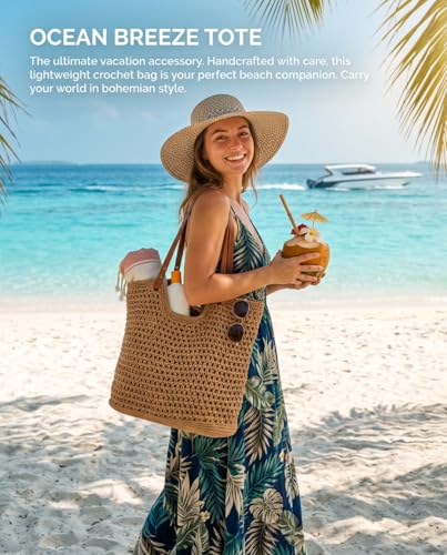 Crochet Beach Bags for Women, Reinforced Strap Woven Tote Bag with Zipper, Lined Boho Summer Vacation Travel Purse - color: Khaki