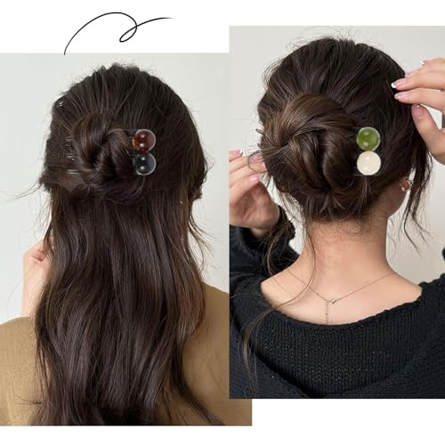 6 Pcs U Shaped French Hair Pin, Elegant Brown Green White Black Pearl 3-Fork Clips for Buns Hairstyle Holder Updo, Hair Forks for Women for Daily Use Accessory Thin and Thick Head decorative