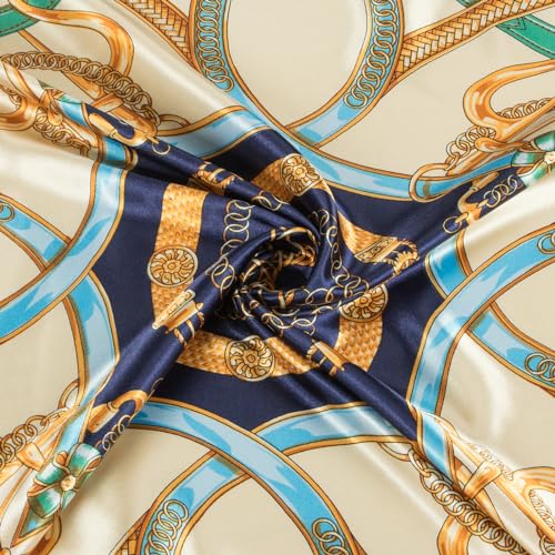 RIIQIICHY Head Scarf for Women Like Silk Scarf Hair Scarf Printed Square Scarf Bandanas for Women 35 Inches - color: Navy/Yellow/Gold/Green/Blue