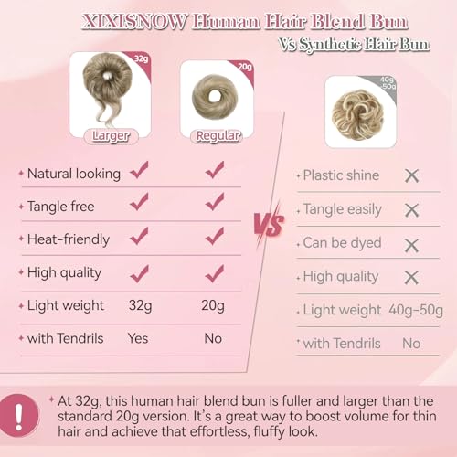 Real Human Hair Messy Bun Hair Piece for Women, 32g Curly Updo Extensions Scrunchie, Natural Looking Fake Bun Hairpiece Faux Pieces for Thick Thin Hairs Ash Brown Mix Ash Blonde - color: Ash Brown Mix Ash Blonde