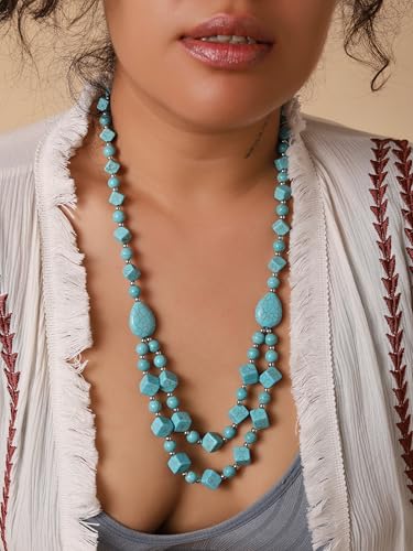 MINACHI Boho Created Turquoise Bead Long Strand Necklace, Bohemian Statement Jewelry Gift for Women - color: S01A
