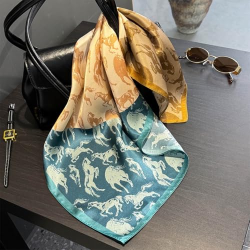 MEISEE 100% Pure Mulberry Silk Scarf 21" Square Scarf Neckerchief Headscarf Breathable Lightweight for Women Gift Packed - color: Khaki + Blue Horse