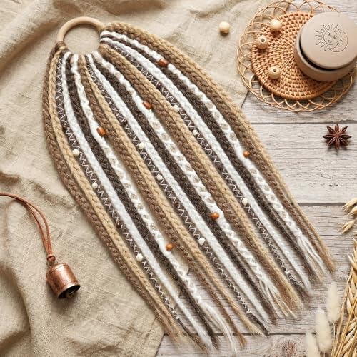 SEIKEA Boho Braided Ponytail Extension on Hair Tie, 16" Full Volume Lightweight Viking Dreadlock Ponytail Braid in Dreadlock Extensions with Beads and Shells, Festival Hair Accessories for Women Girls - color: Boho Earth Tone Mix
