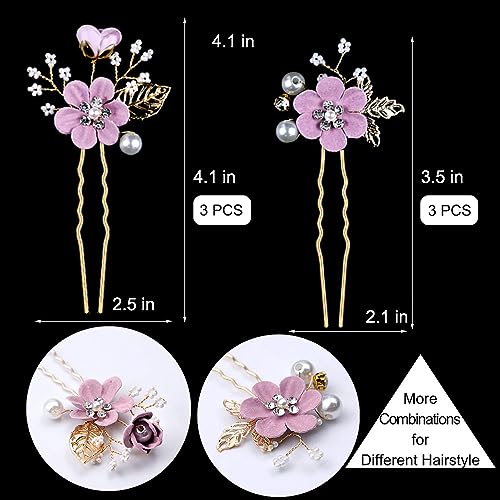 6 Pcs Bridal Flower Wedding Hair Pins Crystal Pearl Hair Pins Clips Headpiece Gold Wedding Hair Accessories Jewelry with Rhinestone for Brides Bridesmaids Women Girls Updo (Romantic Lilac Purple) - color: Romantic Lilac Purple