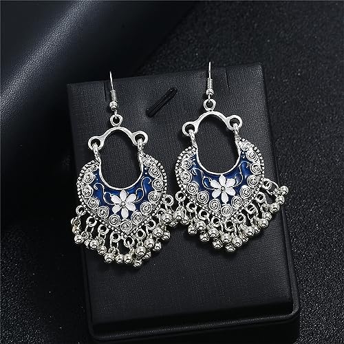 Vintage Boho Statement Drop Dangle Earrings for Women Bohemian Ethnic Handmade Beaded Charms Earring Bohemian Retro Chandelier Tassel Earrings Mexico Gypsy Jewelry Gift - color: Blue
