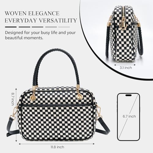 Chic Woven Crossbody Camera Bag, Soft Vegan Leather Purse with Designer Look & Braided Handle - color: Black and White Checkered