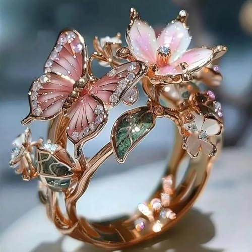 Butterfly Flower Ring for Women Enamel Flower Butterfly Finger Ring with Adjustable Opening Pink Ring Sparkling Fashion Flower Ring Christmas Birthday Party Prom Clothing Jewelry - color: Rose Gold