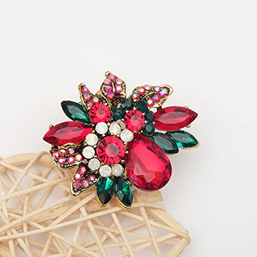 CSY Luxury Women's Austrian Crystal Leaves Flower Big Cocktail Statement Rings Stretch Adjustable Ring Jewelry Accessories - color: Red