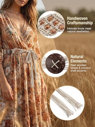 TeeYee Women's Waist Belt Adjustable Boho Style Handwoven Bohemia Tassel Rope Tie with Wooden Beads Braided Chain for Dress - color: 285white