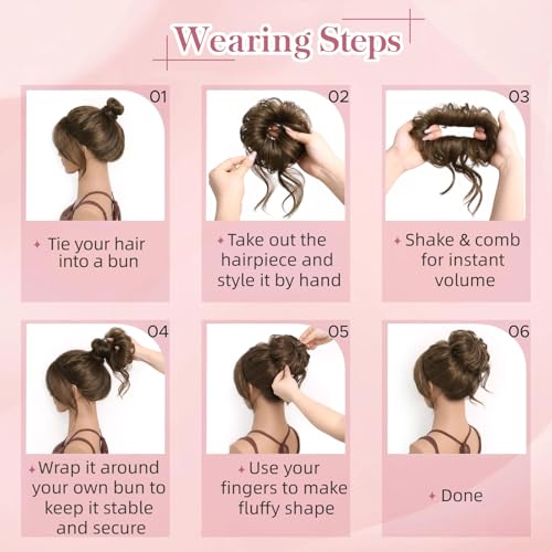 Real Human Hair Messy Bun Hair Piece for Women, 32g Curly Updo Extensions Scrunchie, Natural Looking Fake Bun Hairpiece Faux Pieces for Thick Thin Hairs Ash Brown Mix Ash Blonde - color: Ash Brown Mix Ash Blonde