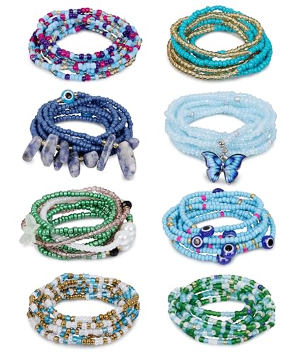 8PCS African Waist Bead Chains for Women Layered Belly Body Chain Handmade Plus Size Beaded Belly Chain Colorful Elastic Flower Butterfly Body Chains Summer Beach Bikini Body Jewelry 31-45in - style: Set C