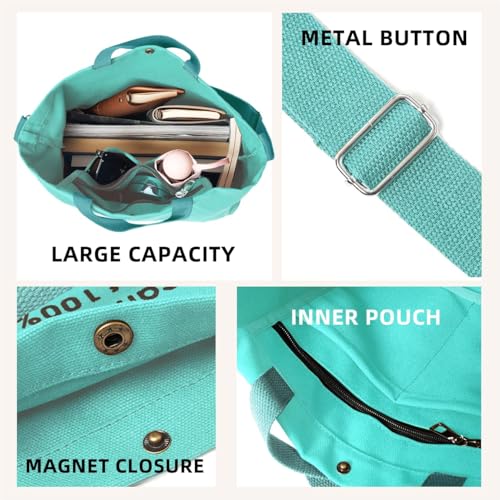 Canvas Tote Bag For Women inside out bag Crossbody Handbag with Adjustable Strap and Coin Purse for Work,Travel,Grocery - color: Mint Green