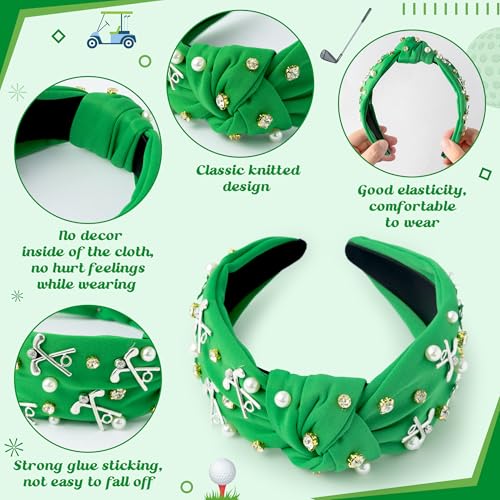 PANTIDE Golf Jeweled Knotted Headband - Golf Club Ball Pearl Rhinestone Embellished Headband Non Slip Wide Top Knot Costume Hairband Hair Accessories Sport Party Birthday Gift for Women Girls (Green) - color: Green Golf
