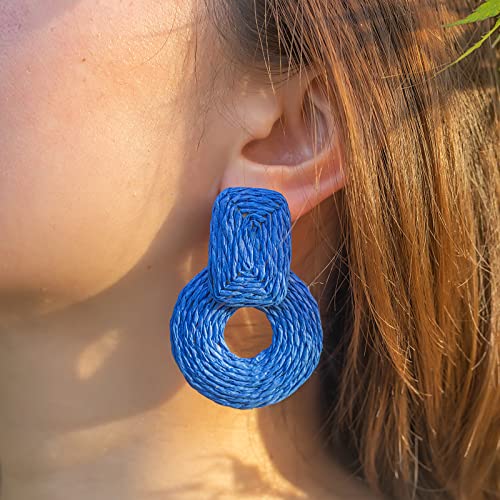Statement Raffia Earrings Cute Boho Earrings Rattan Dangle Earrings Handmade Straw Wrap Earrings Summer Drop Dangling Earrings for Women Teen Girls - color: Royal Blue