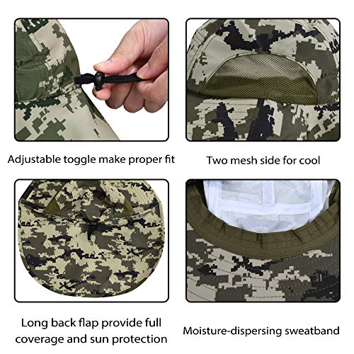 Tirrinia Wide Brim Sun Hat with Neck Flap for Men & Women, Breathable Hiking Fishing Safari Hat, Outdoor UV Protection Cap - color: Digital Camo Green
