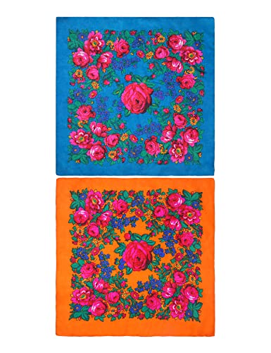 MJ SERECA Acrylic Bandana Printed Hair Scarf Square Ukrainian Head Scarf Floral Babushka Neck Scarf for Women 30"/42"/60" - color: 2 Pack-b 42"
